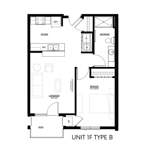 Floor plan for 1 bed, 1 bath, 667 sqft